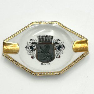 VTG Berlin Porcelain Hexagonal Ashtray W Gold Trim & Crest Design, Collectable